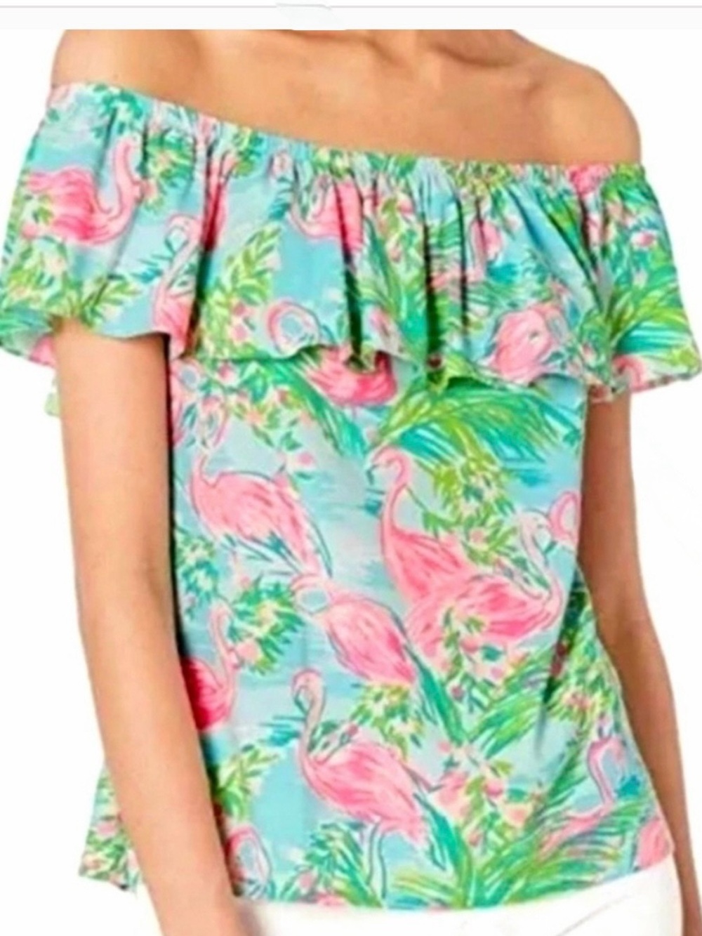 Lilly Pulitzer La Fortuna Off The Shoulder Flamingo Ruffle Top XS Coastalcore